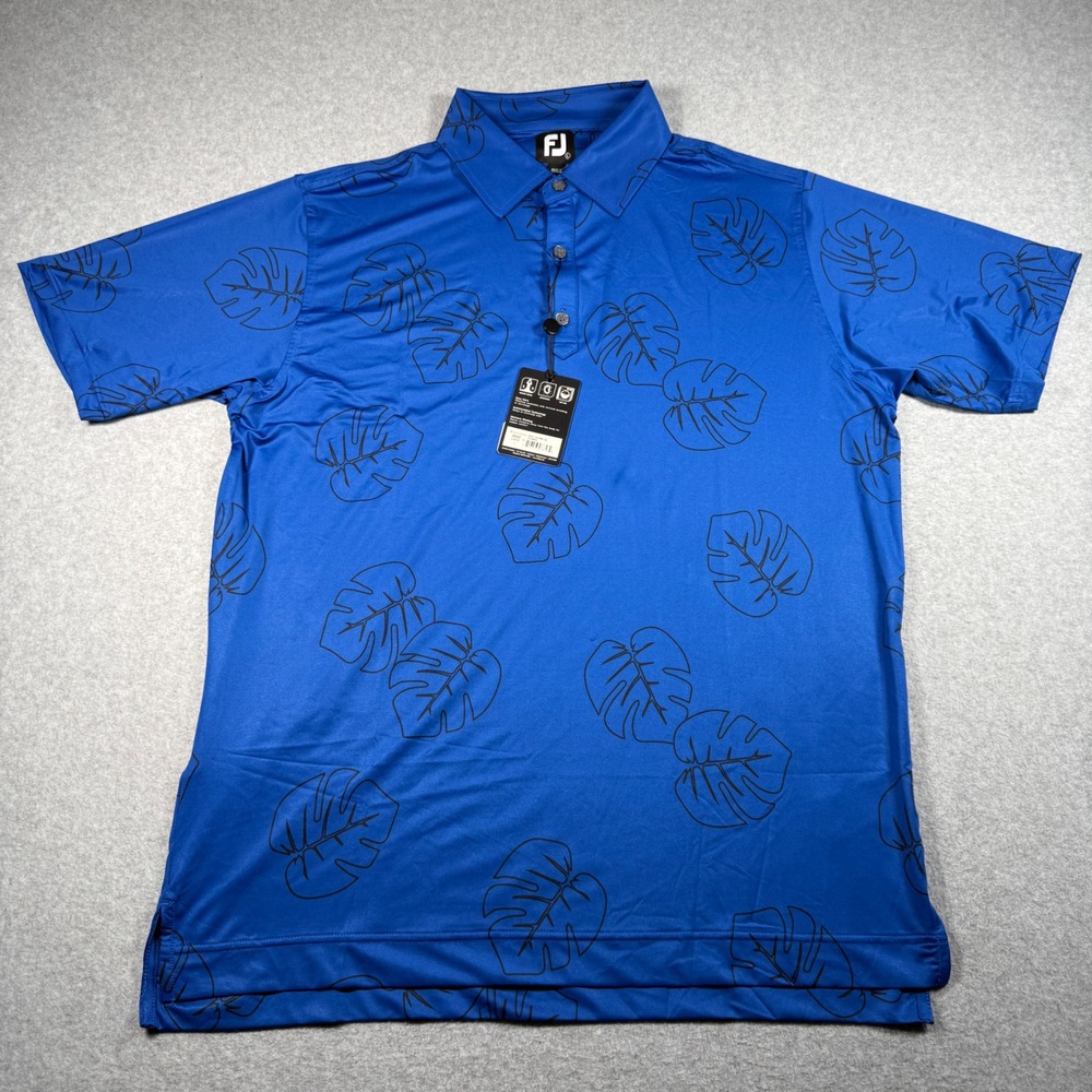 FootJoy Mens Jungle Leaf Print Lisle Golf Polo Shirt Blue 28042 Large NWT